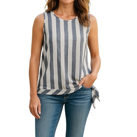J Crew Tie Waist  Top Womens 8 Blue Stripe Linen Sleeveless Nautical Breathable - Picture 1 of 9